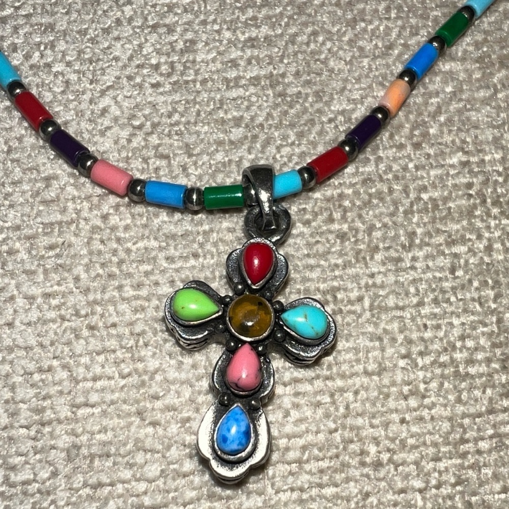 Silpada Multicolored Stone Cross Pendant N0984 & Multi-Color Bead Necklace N0845